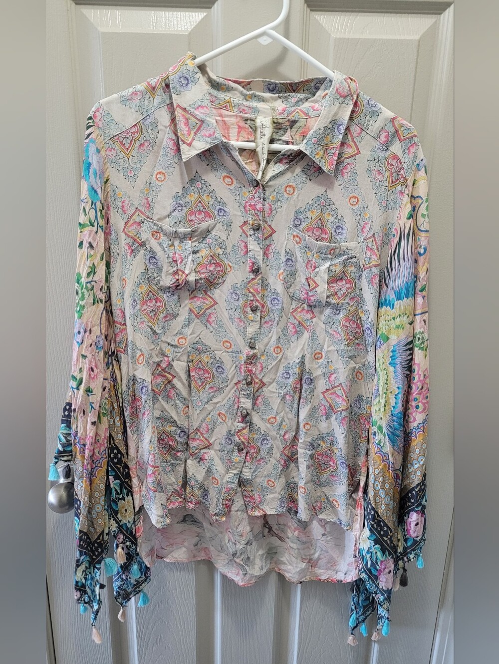 Aratta Silent Journey Peacock Fringe Sleeve Floral Embroidered Blouse Boho Small